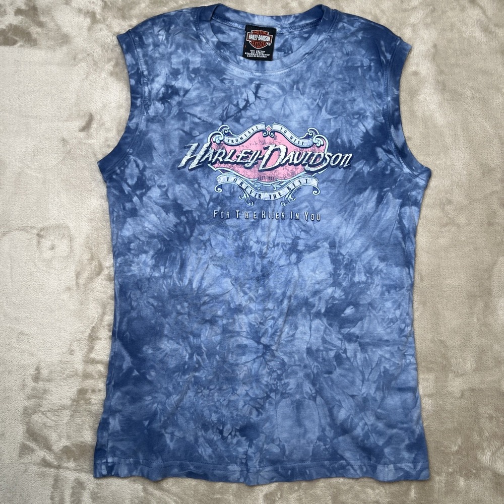 Harley Davidson Daytona Beach FL Womens L Blue Tie Dye Sleeveless Biker Shirt